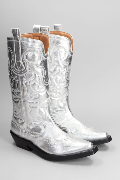 Shop Ganni Texan Boots In Silver Polyester
