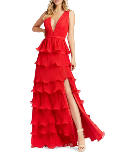 Shop Mac Duggal Women's Ruffled V-neck Tiered Maxi Dress In Red