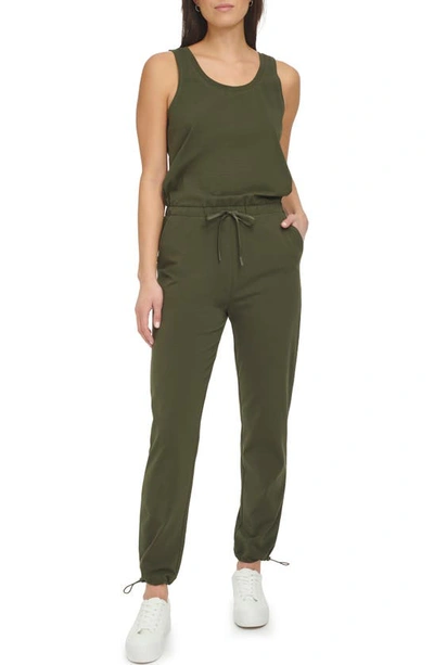 Shop Andrew Marc Stretch Cotton Jumpsuit In Forest Green