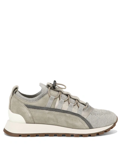 Shop Brunello Cucinelli Sneakers With Lamé Details In Beige