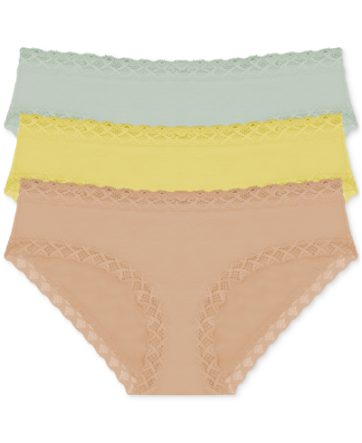 Shop Natori Bliss Lace-trim Cotton Brief Underwear 3-pack 156058mp In Morning Dew,pale Yellow,caf