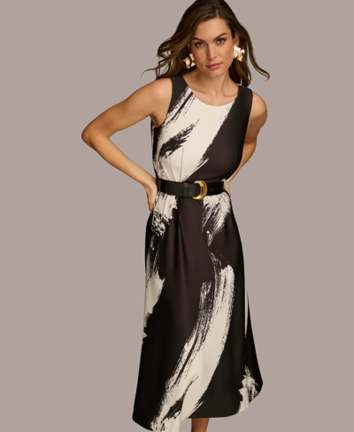 Shop Donna Karan Women's Brush-stroke Belted Midi Dress In Black Cream