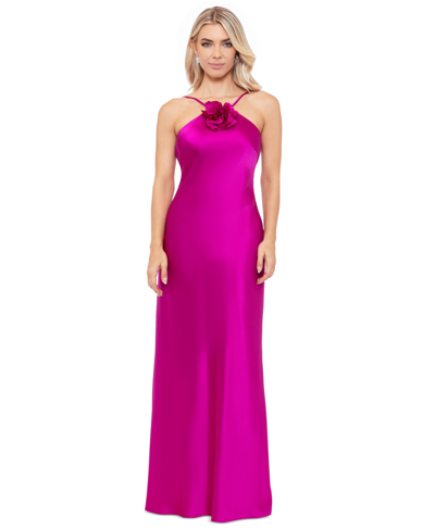 Shop Xscape Women's Flower-trim Sleeveless Satin Gown In Magenta