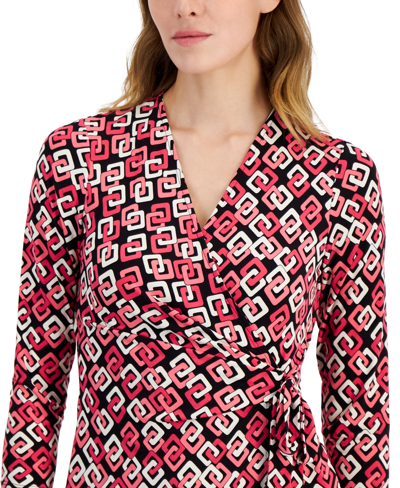 Shop Anne Klein Women's Wrap-style Geometric-print Top In Anne Black,camellia Multi