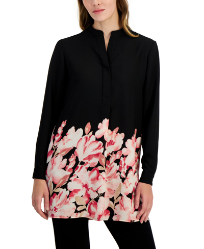 Shop Anne Klein Women's Floral-hem Popover Tunic Blouse In Anne Black,camellia Multi