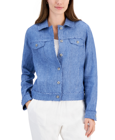 Shop Charter Club Women's 100% Linen Jacket, Created For Macy's In Blue Ocean
