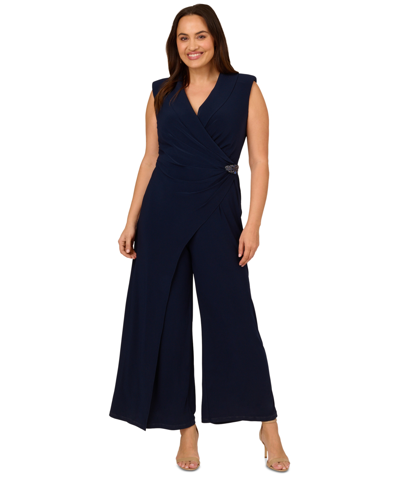 Shop Adrianna Papell Plus Size Shawl-collar Wide-leg Jumpsuit In Midnight