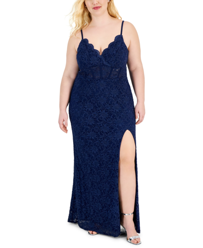 Shop City Studios Trendy Plus Size Lace Bodycon Gown In Navy