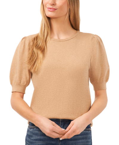 Shop Cece Women's Crewneck Puff Sleeve Cotton Sweater In Latte Heather