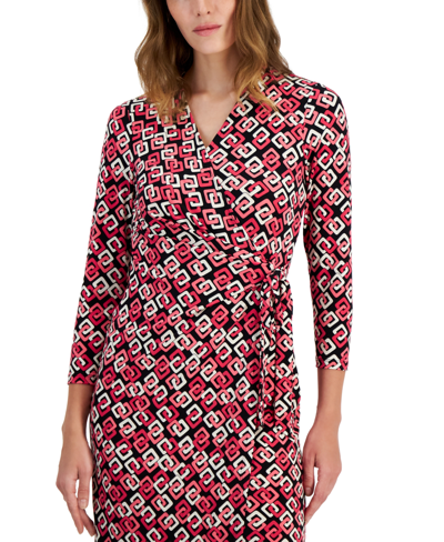 Shop Anne Klein Women's Classic Geometric-print Wrap-style Dress In Anne Black,camellia Multi