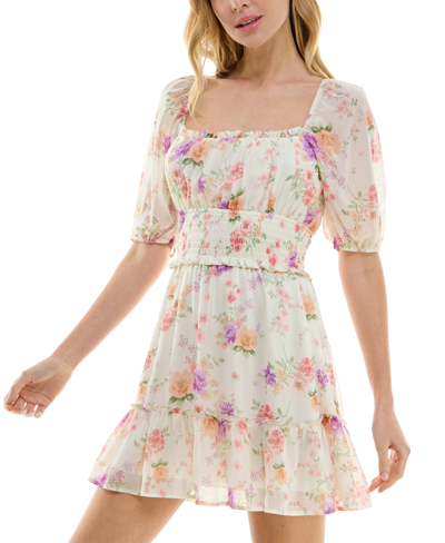 Shop Trixxi Juniors' Floral-print Smocked Fit & Flare Dress In Natural Floral