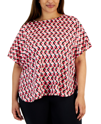 Shop Anne Klein Plus Size Printed Bateau-neck Short-sleeve Blouse In Rich Camellia Multi