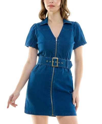 Shop Planet Gold Juniors' Zip-front Belted Denim Dress In Medium Blue