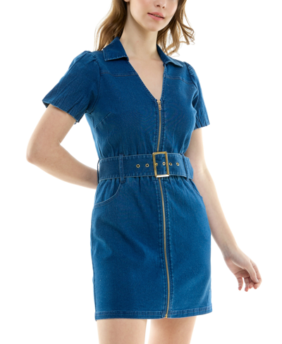 Shop Planet Gold Juniors' Zip-front Belted Denim Dress In Medium Blue