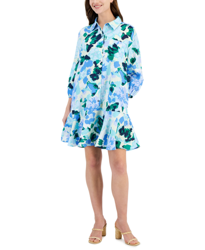 Shop Charter Club Women's Floral-print 100% Linen Flounce Dress, Created For Macy's In Light Pool Blue