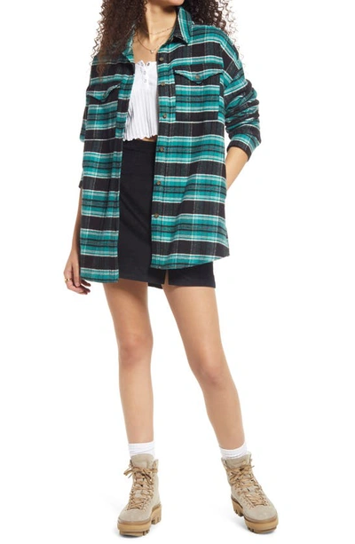 Bp. Lauren Herringbone Flannel Shirt Jacket In Green- Black Holiday Tartan