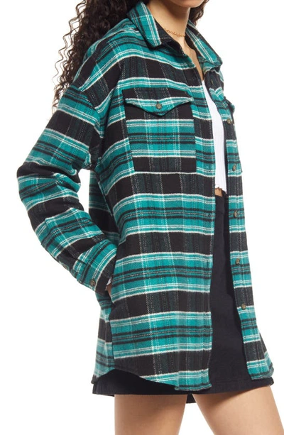 Bp. Lauren Herringbone Flannel Shirt Jacket In Green- Black Holiday Tartan