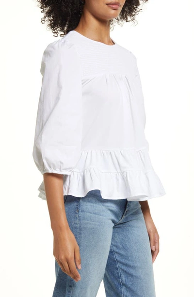 Cece Mixed Media Ruffle Long Sleeve Top In Ultra White