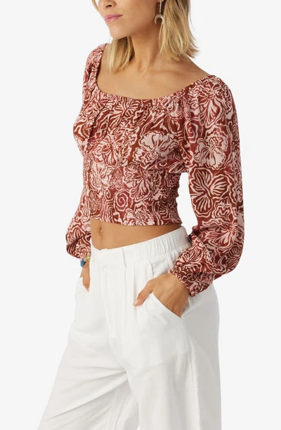 Shop O'neill Scottie Floral Smocked Waist Crop Top In Rustic Brown