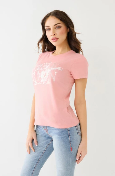 True Religion Brand Jeans Crystal Embellished Cotton Logo T-shirt In Coral Almond