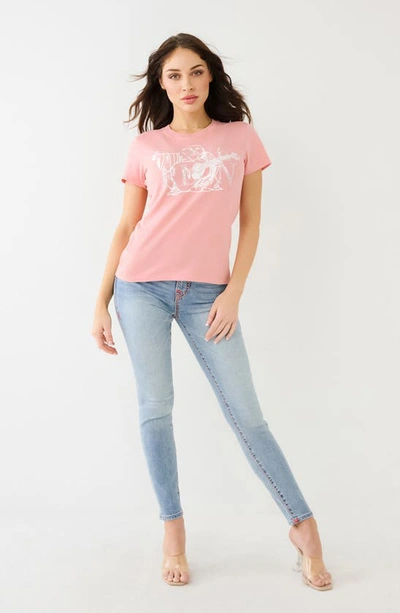 True Religion Brand Jeans Crystal Embellished Cotton Logo T-shirt In Coral Almond