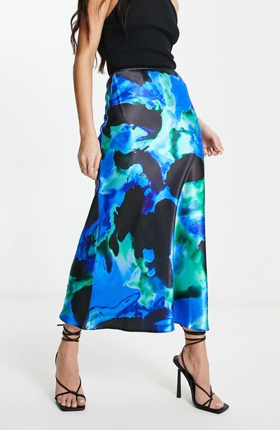 Asos Design Bias Cut Satin Midi Skirt In Medium Blue