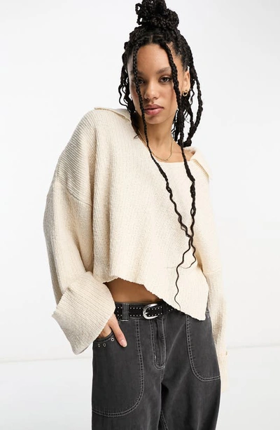 Asos Design V-neck Collar Crop Oversize Sweater In Cream
