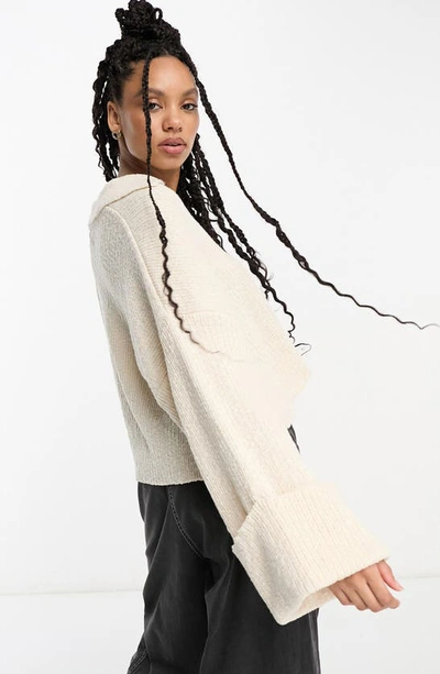 Asos Design V-neck Collar Crop Oversize Sweater In Cream