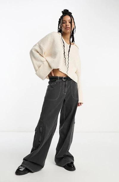 Asos Design V-neck Collar Crop Oversize Sweater In Cream