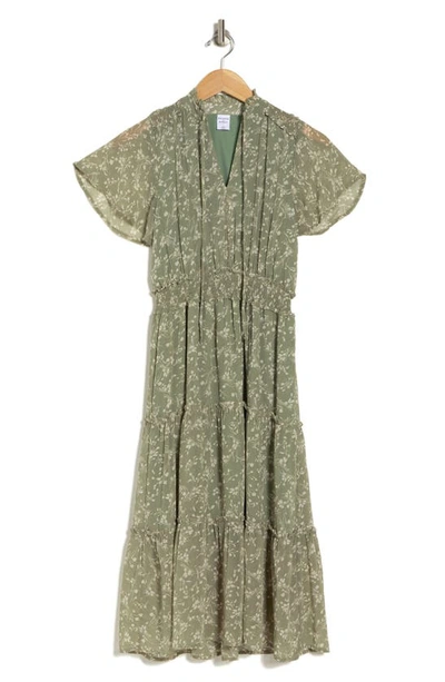 Shop Melrose And Market Tiered Midi Dress In Sage- Ivory Stem Blooms