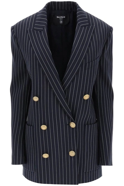 Shop Balmain Pinstriped Double-breasted Blazer In Blue