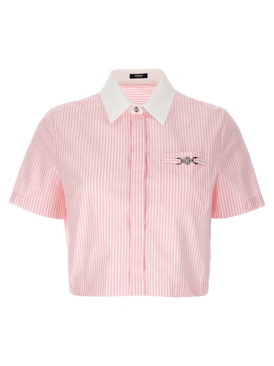 Shop Versace Striped Cropped Shirt Shirt, Blouse In Pink