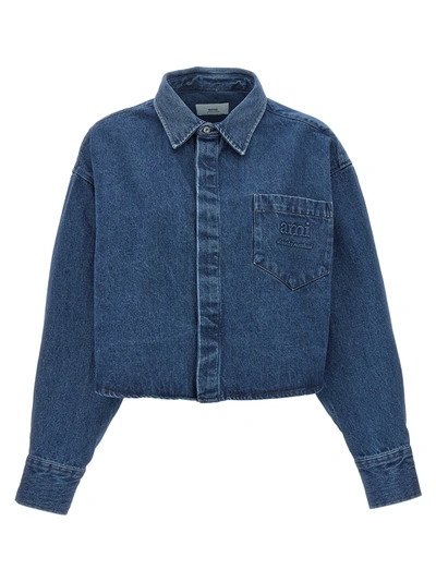Shop Ami Alexandre Mattiussi Denim Logo Cropped Shirt Shirt, Blouse In Blue