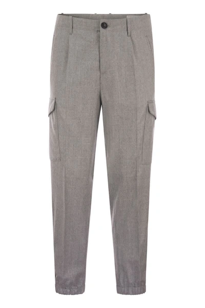 Shop Brunello Cucinelli Virgin Wool Trousers With Cargo Pockets And Bottom Zip In Grey