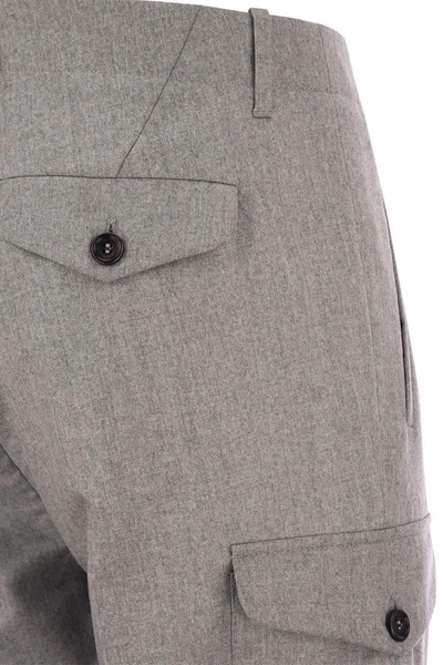 Shop Brunello Cucinelli Virgin Wool Trousers With Cargo Pockets And Bottom Zip In Grey