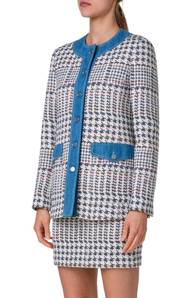 Akris Punto Denim-trim Houndstooth Jacquard Collarless Jacket In Denim-multicolor