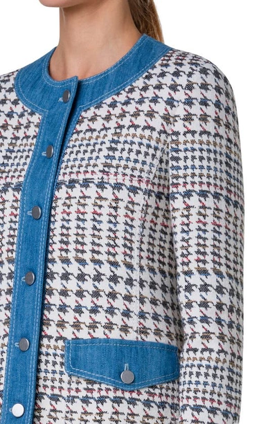 Akris Punto Denim-trim Houndstooth Jacquard Collarless Jacket In Denim-multicolor