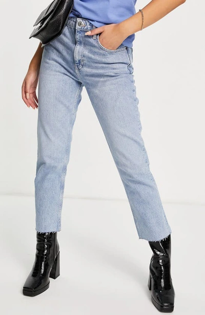 Shop Topshop Raw Hem Straight Leg Jeans In Mid Blue