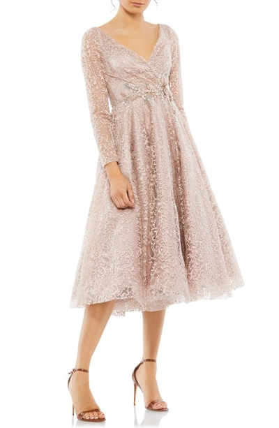 Shop Mac Duggal Lace Long Sleeve Fit & Flare Cocktail Dress In Nude