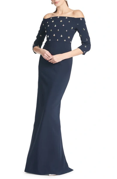 Shop Sachin & Babi Amarette Crystal Detail Off The Shoulder Stretch Crepe Gown In Dark Midnight