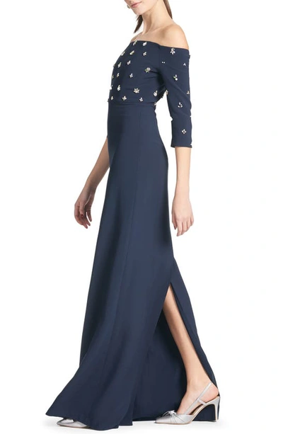 Shop Sachin & Babi Amarette Crystal Detail Off The Shoulder Stretch Crepe Gown In Dark Midnight