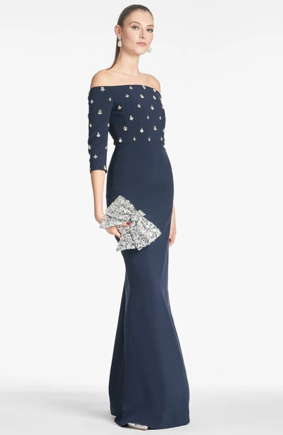 Shop Sachin & Babi Amarette Crystal Detail Off The Shoulder Stretch Crepe Gown In Dark Midnight