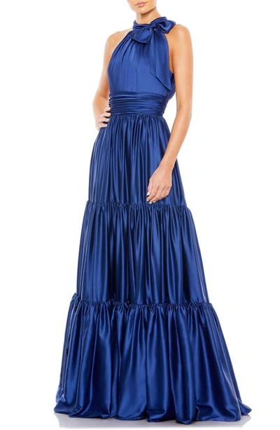 Shop Mac Duggal Bow Detail Tiered Satin A-line Gown In Sapphire