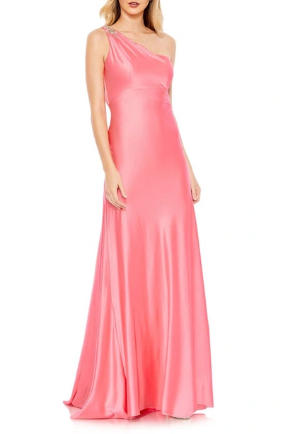 Shop Mac Duggal Beaded One-shoulder Column Gown In Pink