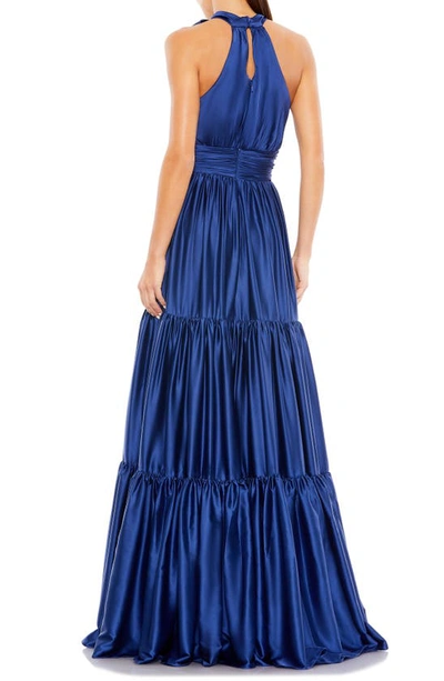 Shop Mac Duggal Bow Detail Tiered Satin A-line Gown In Sapphire