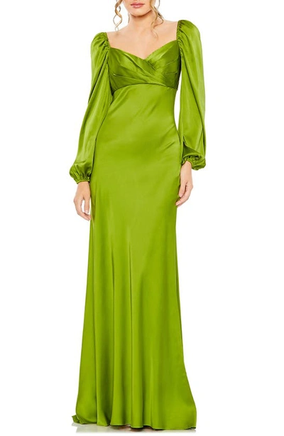 Shop Mac Duggal Sweetheart Neck Long Sleeve Satin Gown In Apple Green