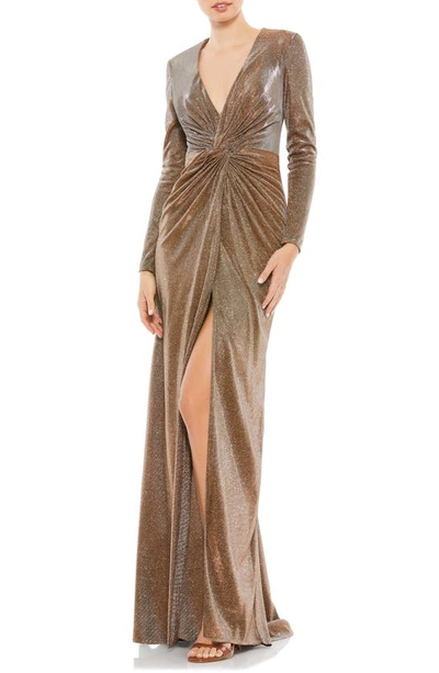 Shop Mac Duggal Sparkle Twist Front Long Sleeve Gown In Bronze