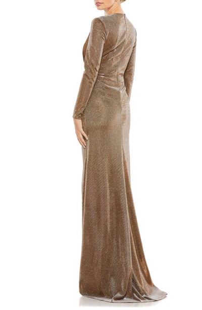 Mac Duggal Sparkling Metallic Front Twist V Neck Long Sleeve Gown In Bronze