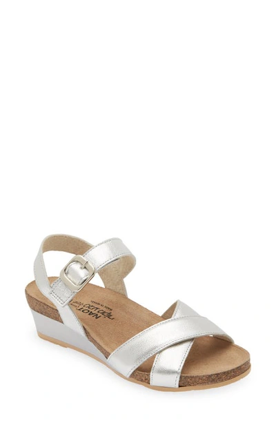 Shop Naot Throne Wedge Sandal In Soft Silver Leather
