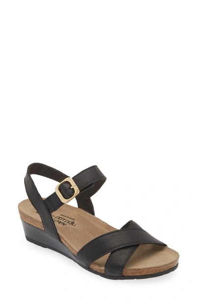 Shop Naot Throne Wedge Sandal In Soft Black Leather